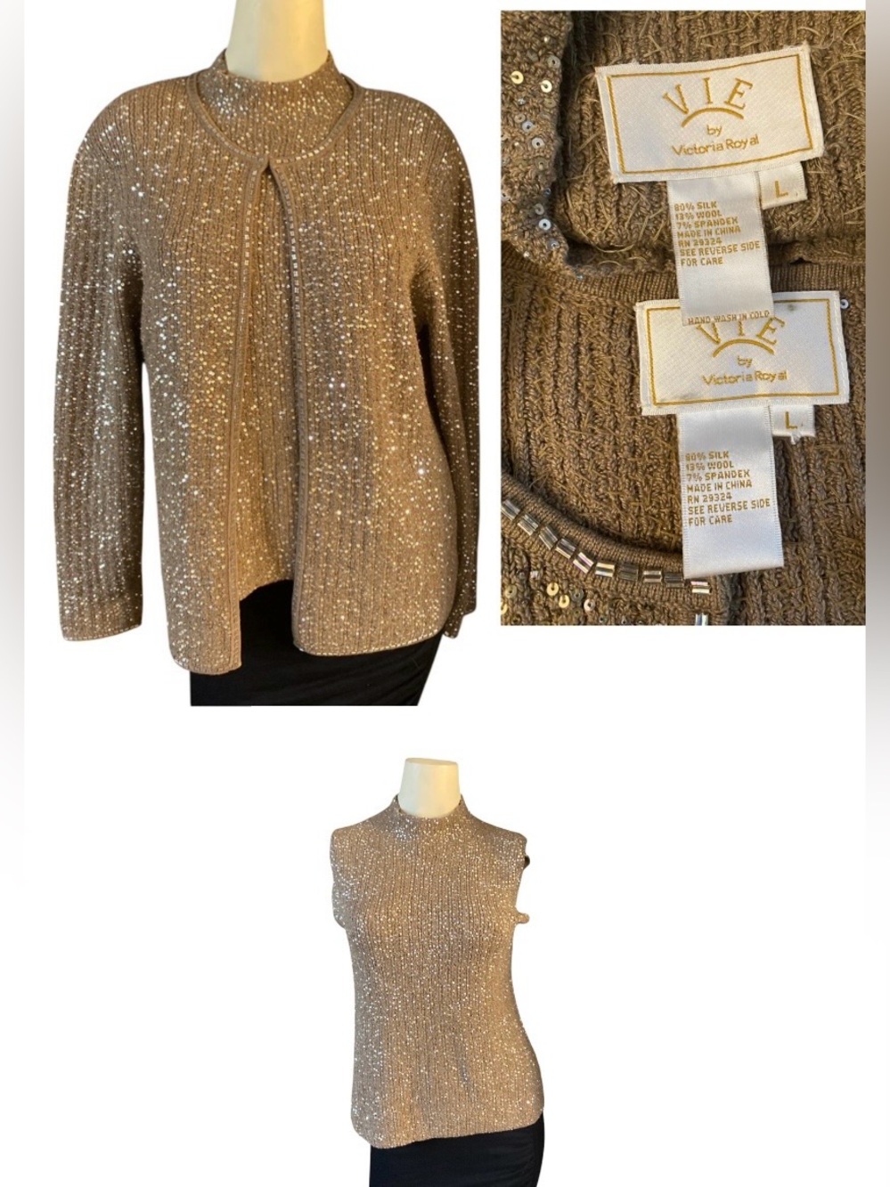 Vtg Vie by Victoria Royal Sequin Gowns/Formal Dress set 2 pc Gold Knit Sweater